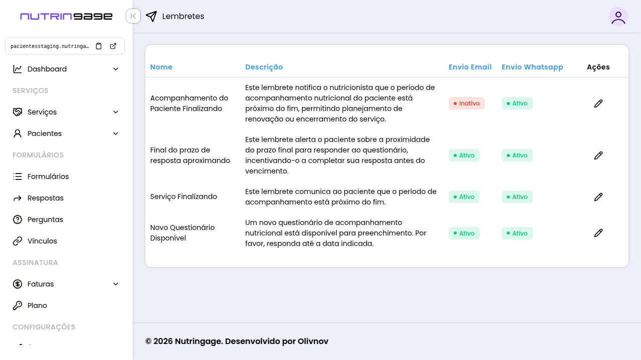 Tela completa do Nutringage: Tipos de lembrete e canais de envio por WhatsApp e e-mail.